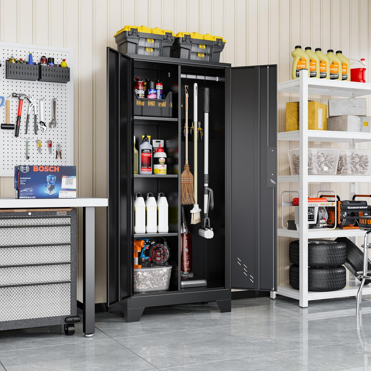 61" Broom Closet Storage Cabinet, Metal Storage Cabinet with Doors, Utility Cabinets for Brooms and