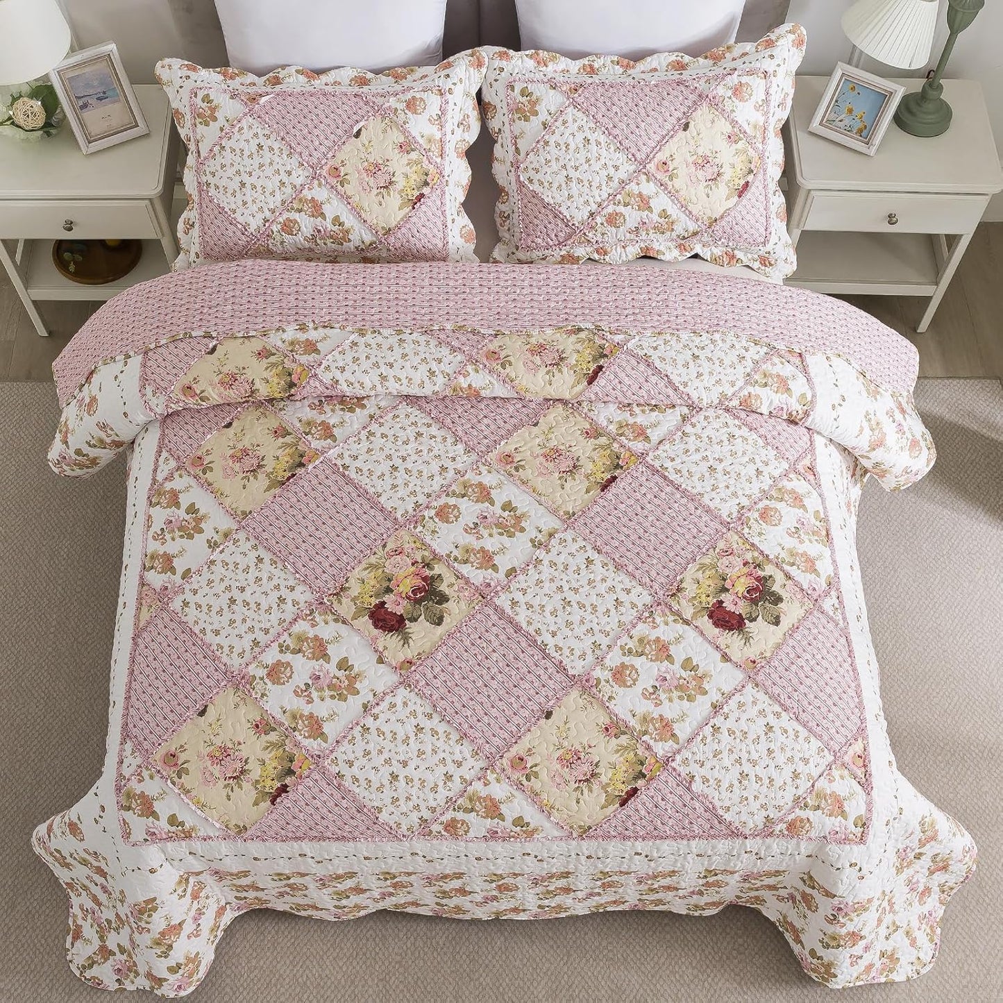 NEWLAKE Quilt Set Queen Size, Bedspread Sets Pink Botanical Floral, Reversible Quilt Bedding Set