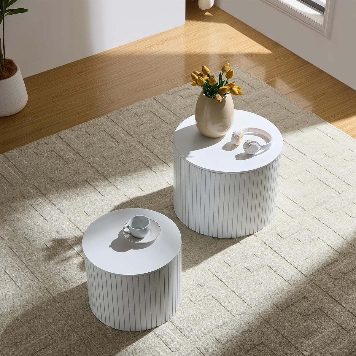 Round Coffee Table with Storage,19.17" Nesting Coffee Table Set of 2,Mid Century Modern End Table