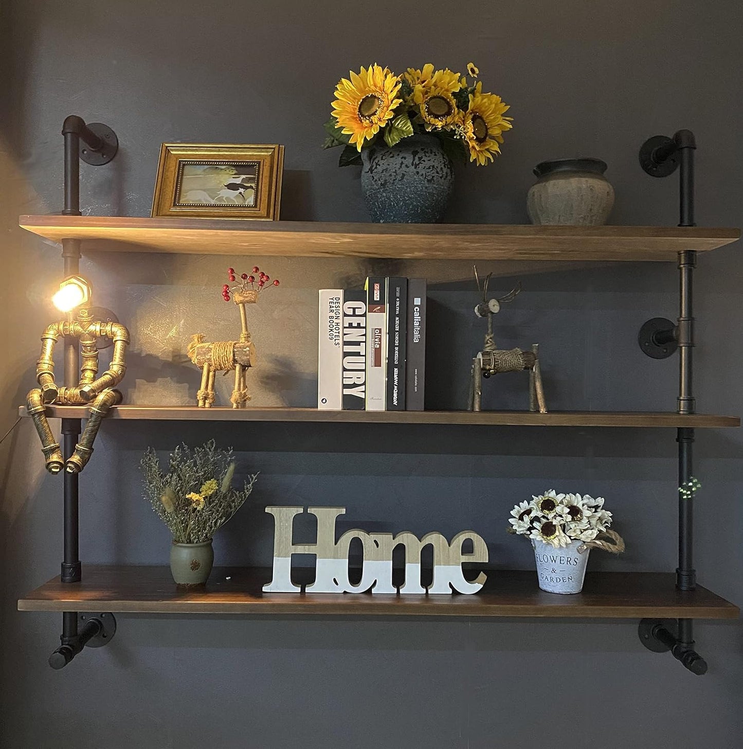 Industrial Pipe Wall Shelves Pipe Shelving with Real Wood Plank ,48 Inches Floating Shelves for