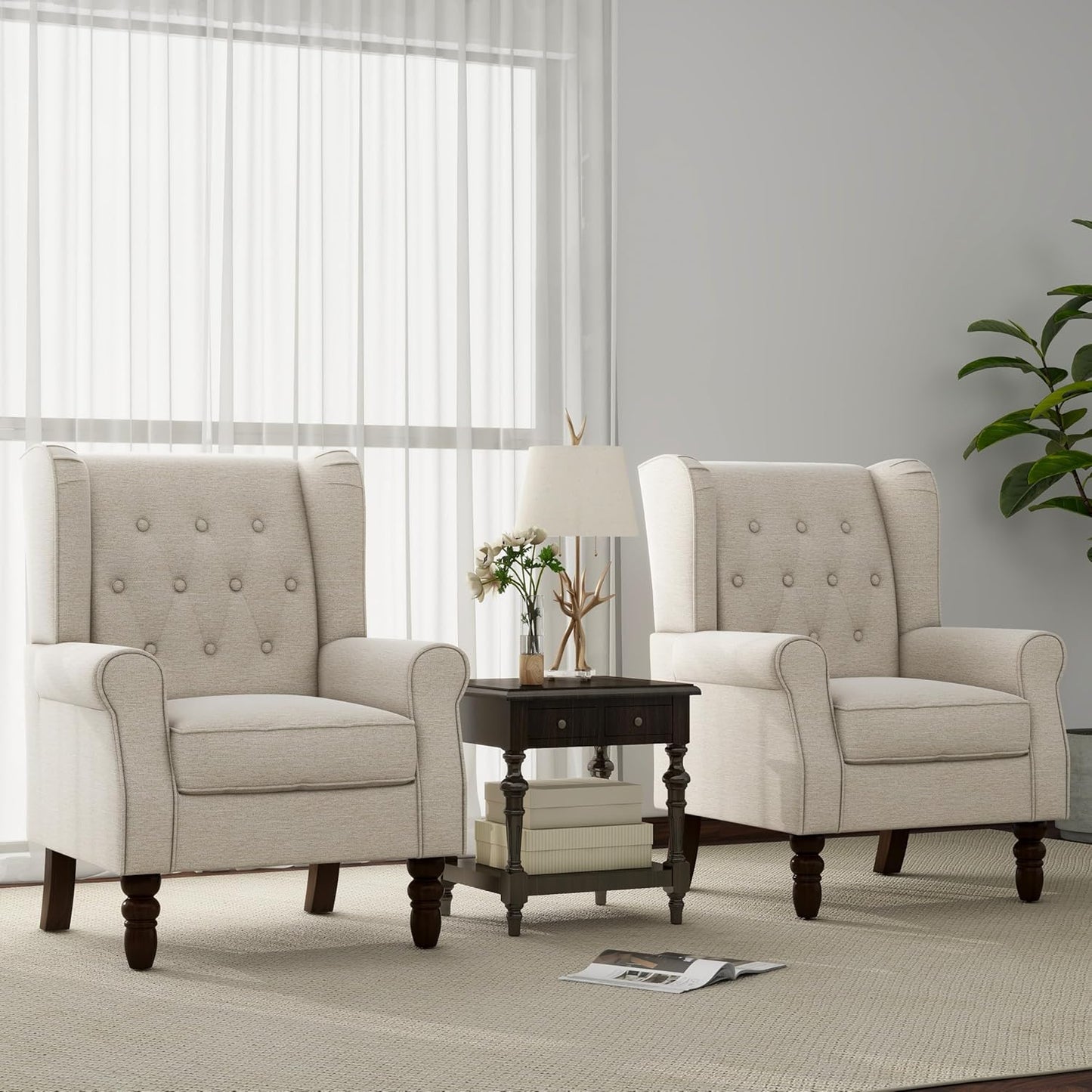 Accent Chair, Upholstered Armchair with Button Tufted High Back & Solid Wood Legs, Comfy Wingback