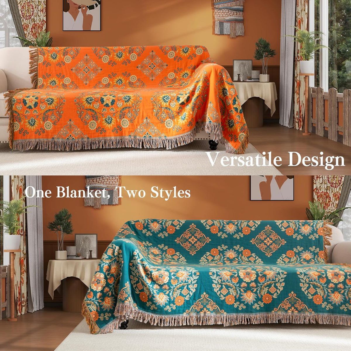 Boho Throw Blanket Full Size, Extra Large Soft Cozy Cotton Muslin Quilt Blanket for Bed Decor