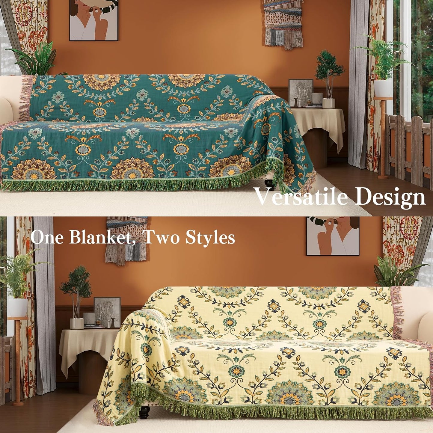 Boho Throw Blanket Twin Size, Soft Cozy Cotton Muslin Quilt Blanket for Bed Decor, Floral Patterned