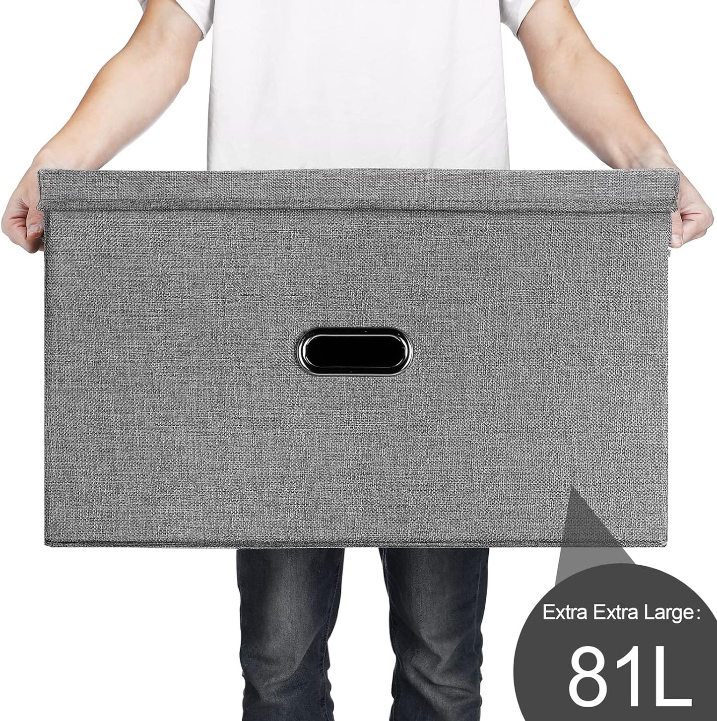 Large Linen Fabric Foldable Storage Bins with Removable Lid and Handles, Washable Storage Box