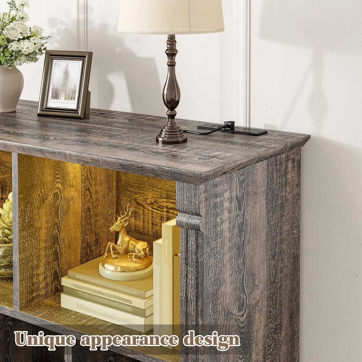 EnHomee 10 Cube Storage Organizer with LED Light and Charging Station Wood Cube Shelf Display