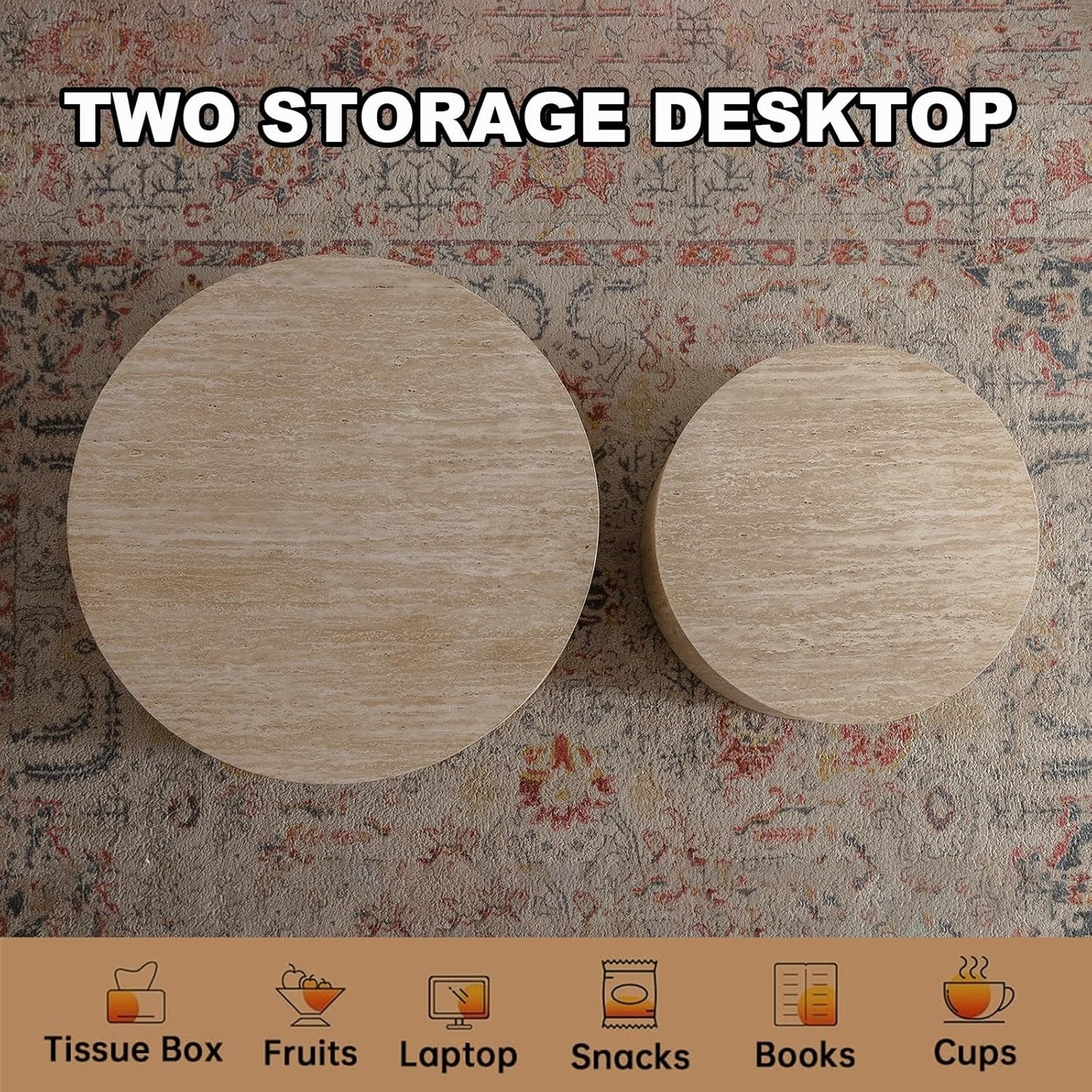 Round Nesting Coffee Table Set of 2, Modern Coffee and End Table Set Small Circle Wooden Drum Side