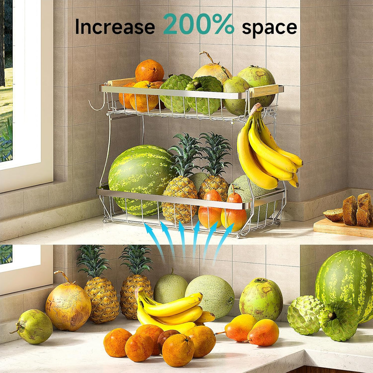 3 Tier Fruit Basket for Kitchen Counter with 2 Mobile Banana Hangers, 2025 Pro Detachable Metal