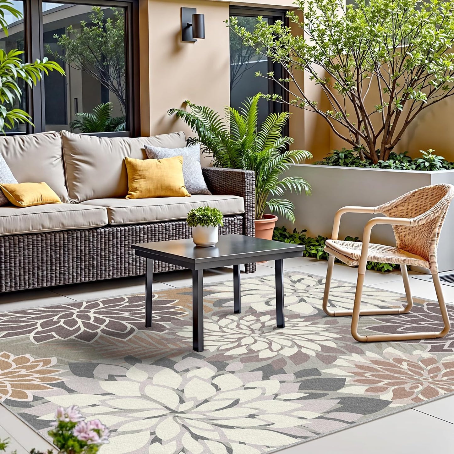 Indoor Outdoor Area Rug Washable Multicolored Patio Rug Tropical Botanical Modern Floral Indoor