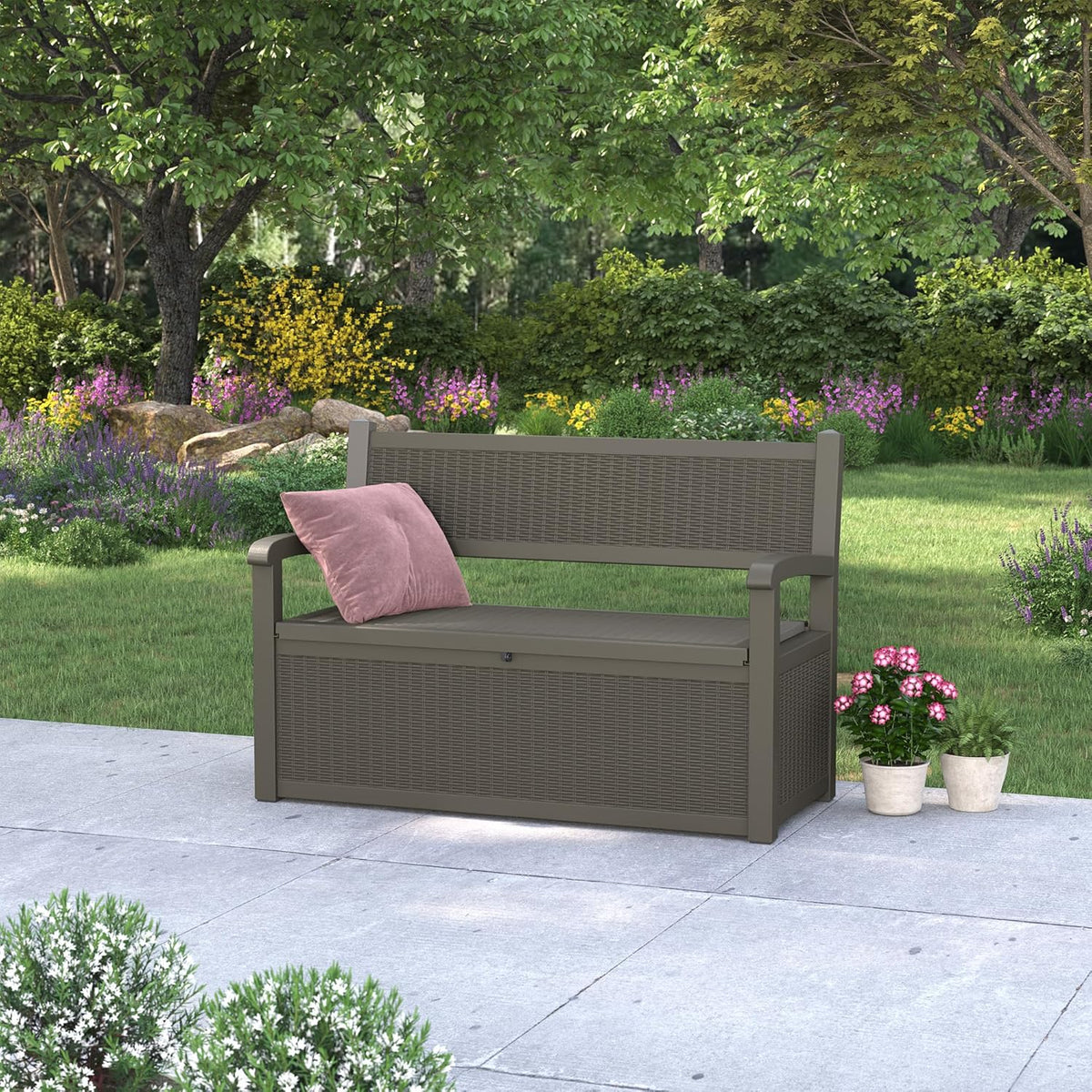 70 Gallon Deck Bench with Storage,Outdoor Storage Box Bench Waterproof&Lockable, Resin Patio