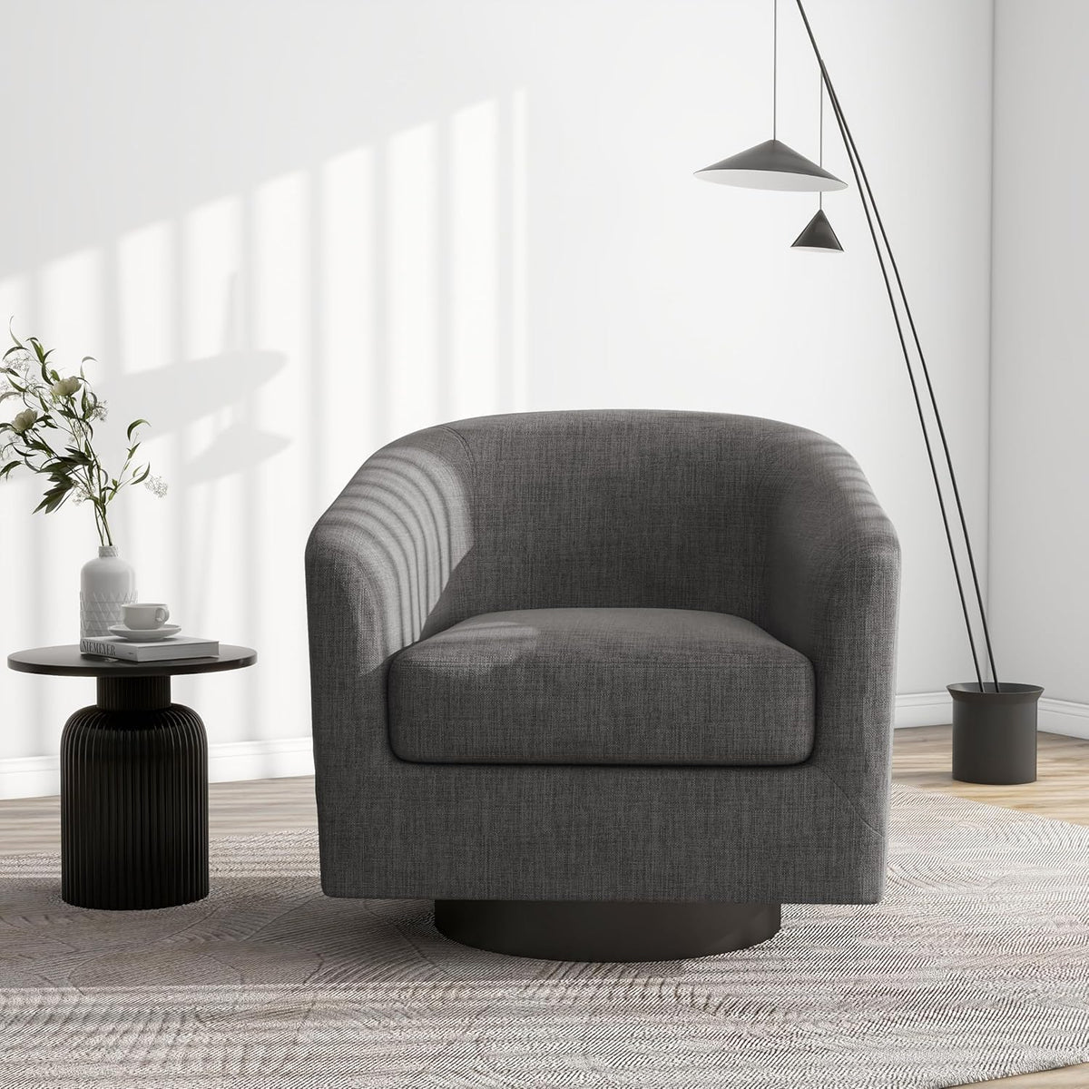 Swivel Barrel Accent Chair, Modern Round Linen Arm Chair for Living Room, Bedroom, Comfy Club