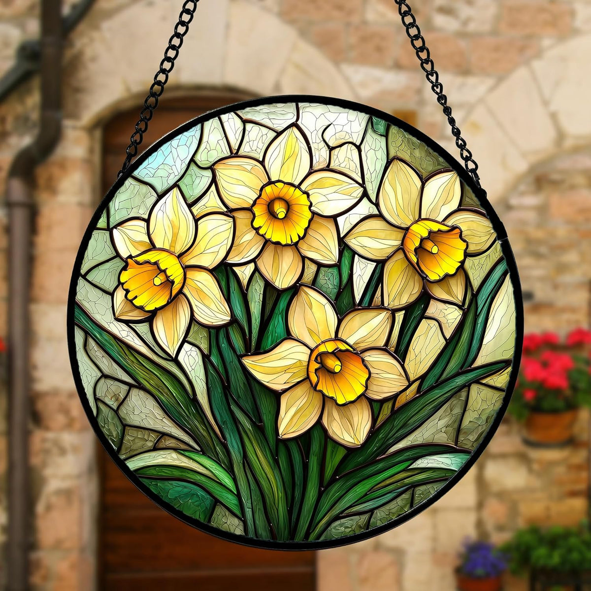Stained Glass Window Hanging, Daffodil Plant Flowers Sun Catchers Diamond Glass Panel Hangings
