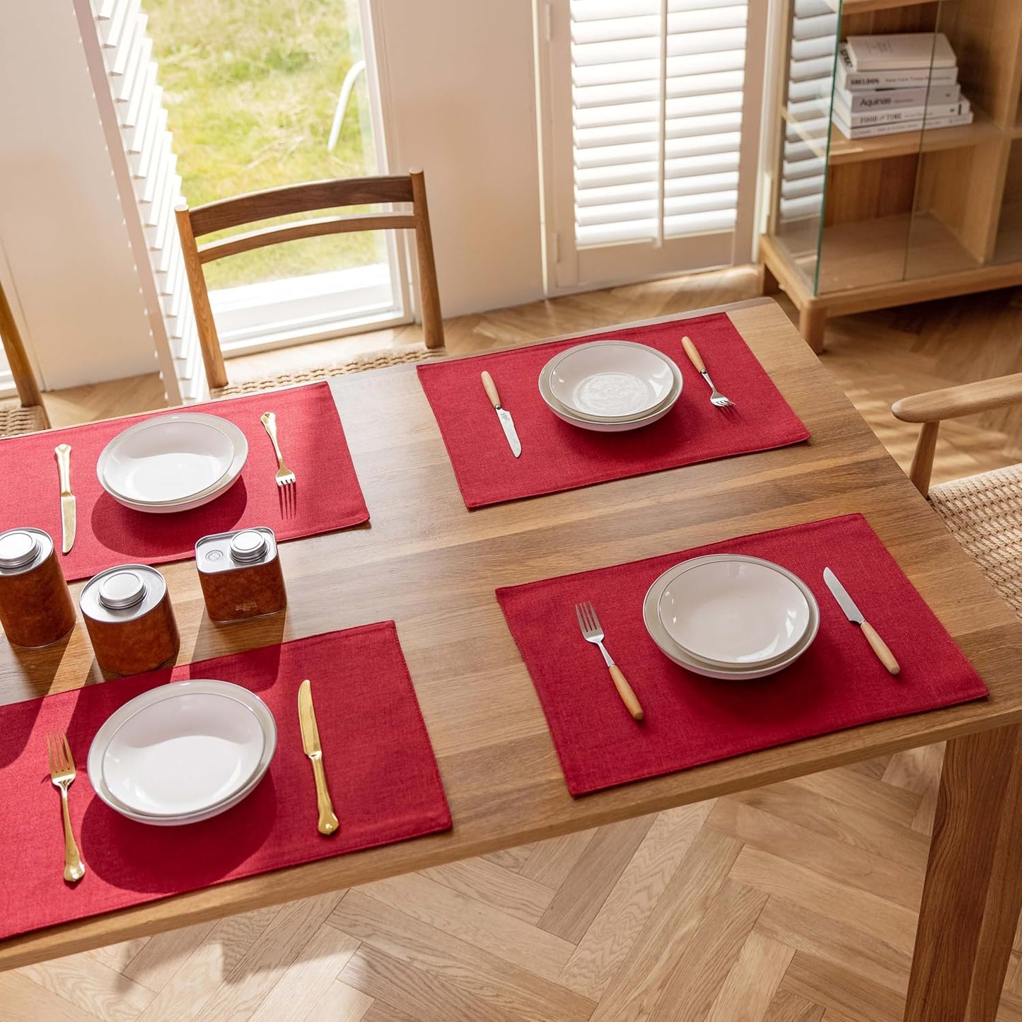 Demetex Christmas Placemats Set of 4 Heat Resistant Red Linen Place Mats Wipeable Cloth Placemats