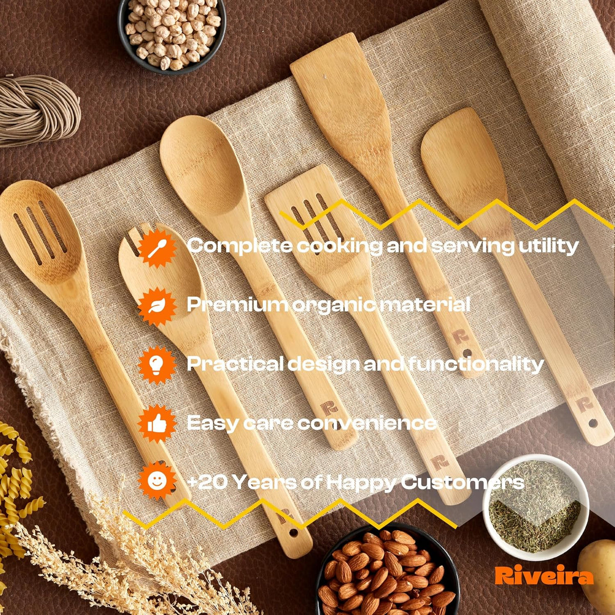 Riveira Bamboo Cooking Spoons 6-Piece – Wooden Cooking Utensils Set with Wooden Spoons for Cooking
