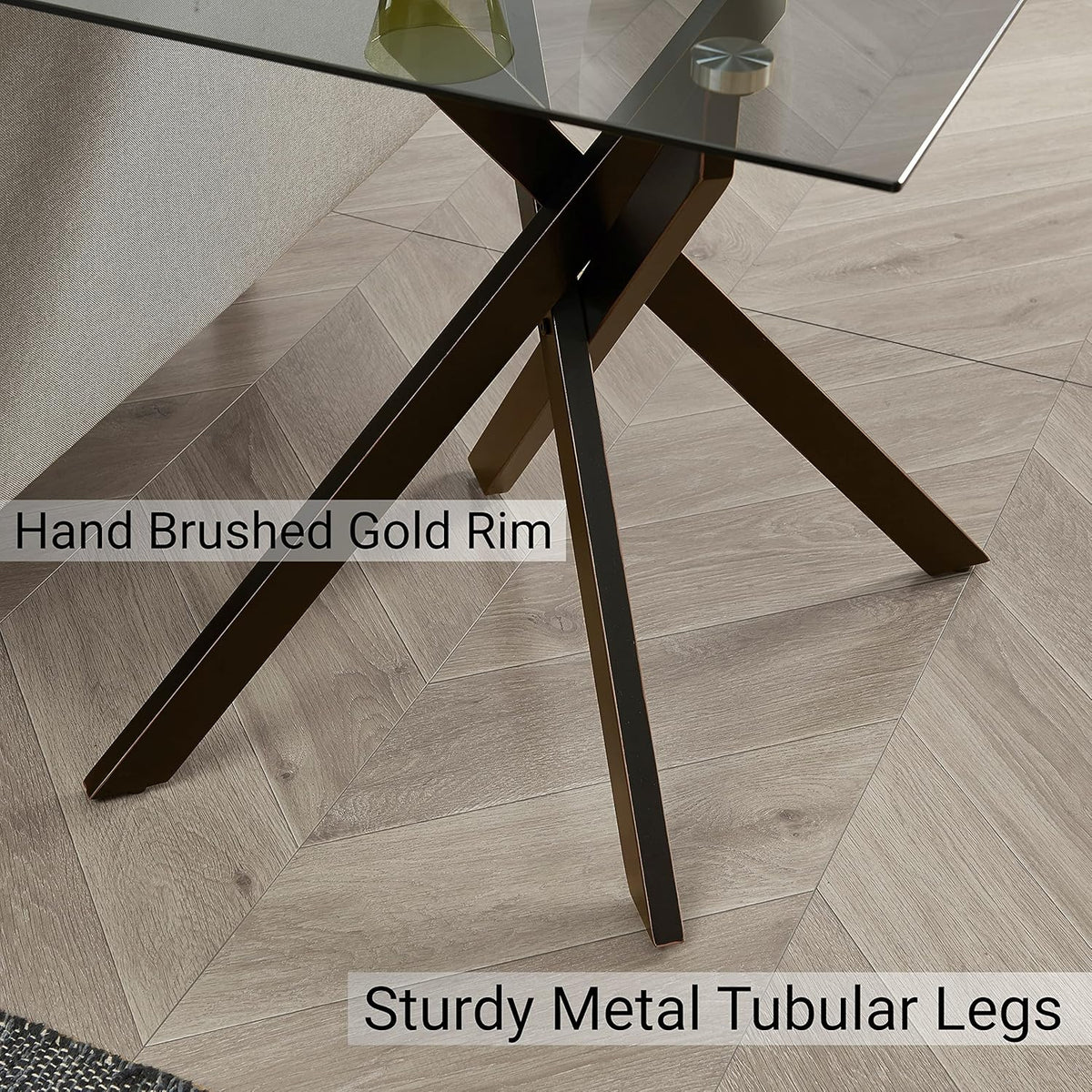 Modern Style Square Side Table with Grey Tempered Glass Top and Black Metal Tubular Legs with Gold