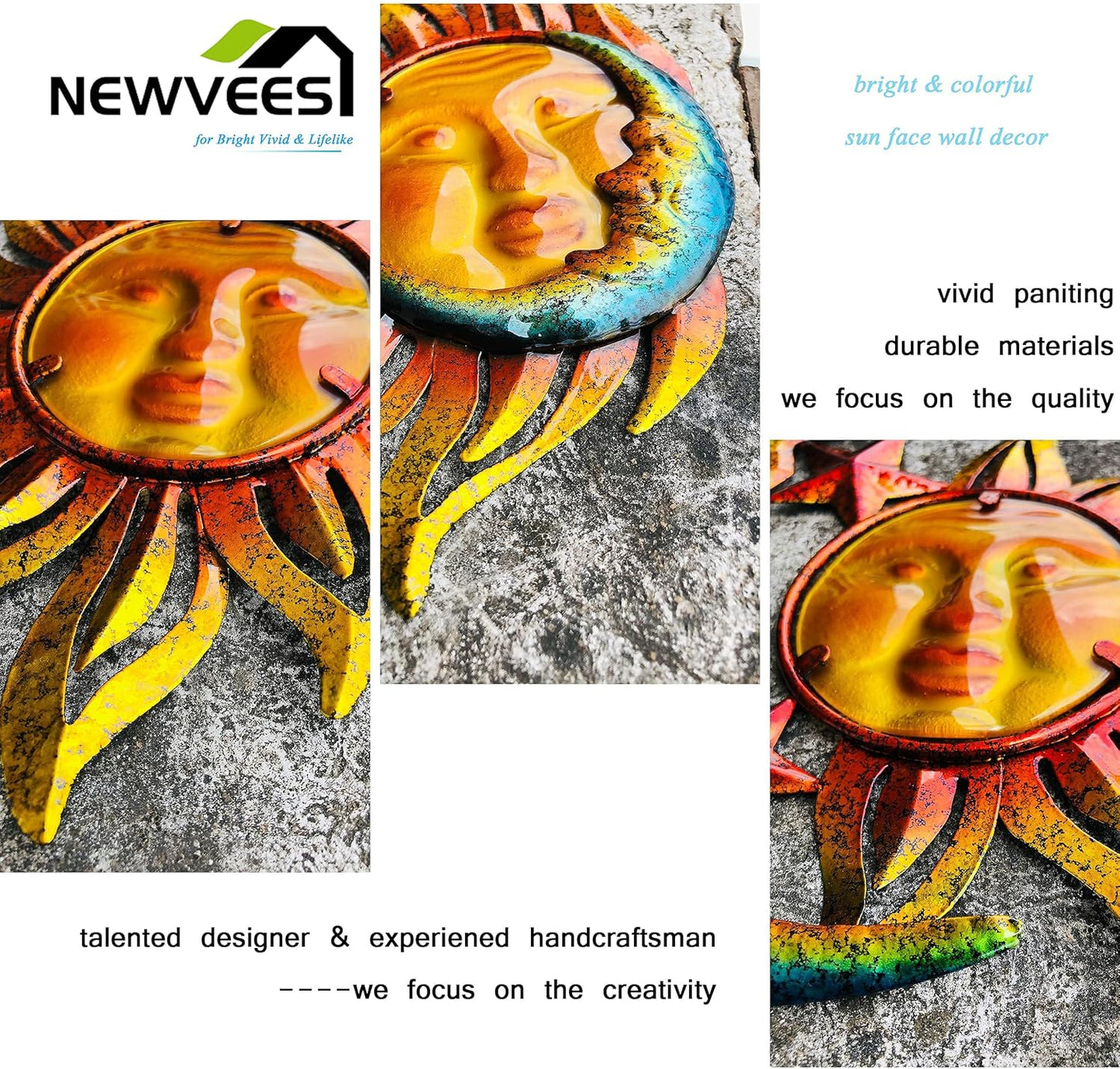 Sun Face Metal Wall Art Décor Outdoor Indoor, Sun Moon Star, Metal Glass Hanging for Garden Sun
