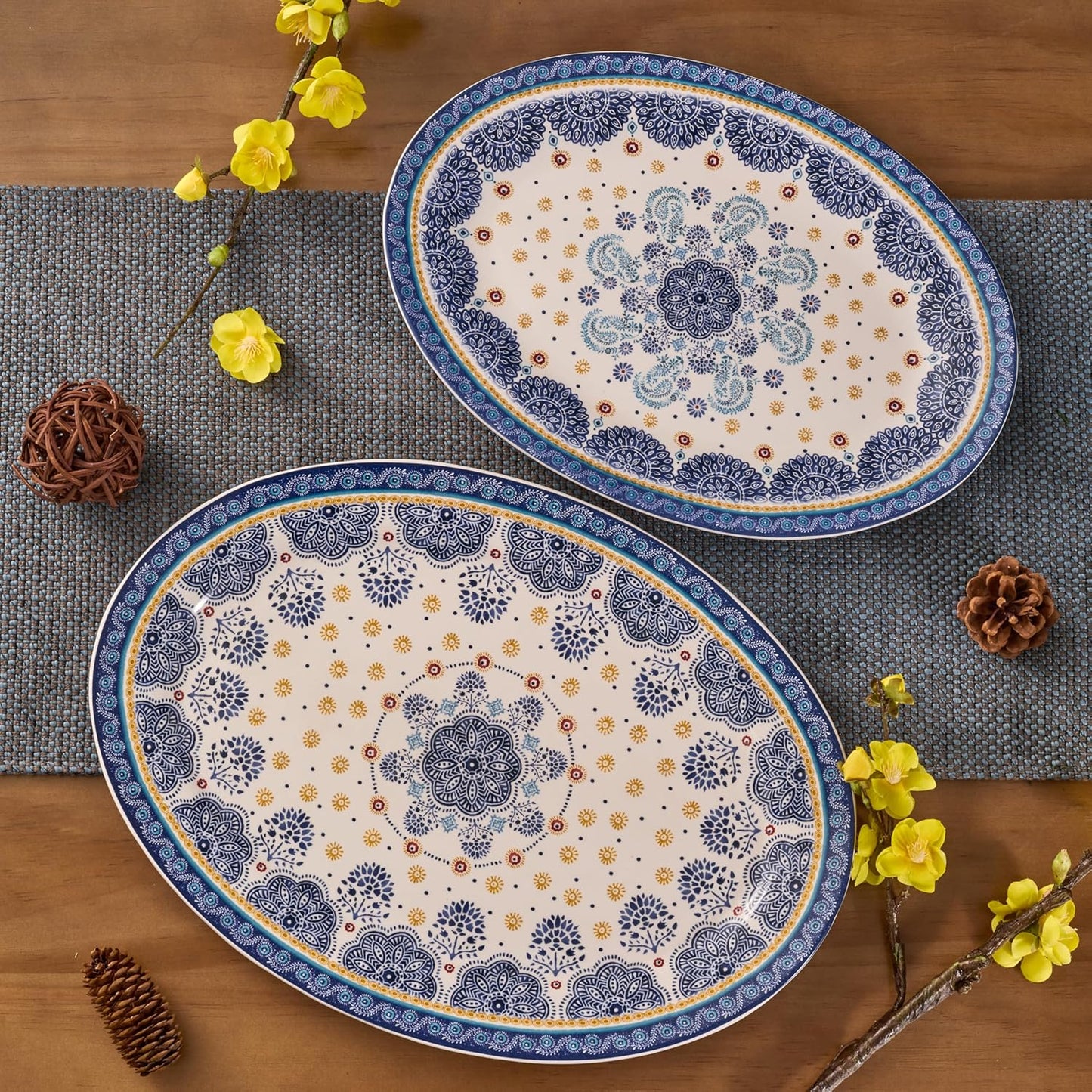 Bico Blue Talavera 16 plus 14 inch Oval Platters Set, Set of 2, Microwave and Dishwasher Safe, for