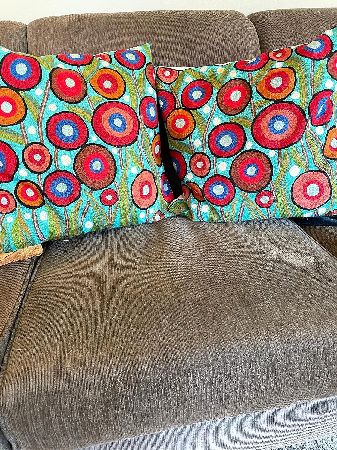 Floral Poppy Pillow Cover - Turquoise Suzani Poppies Accent Chair Cushion - 18x18 Inch Hand