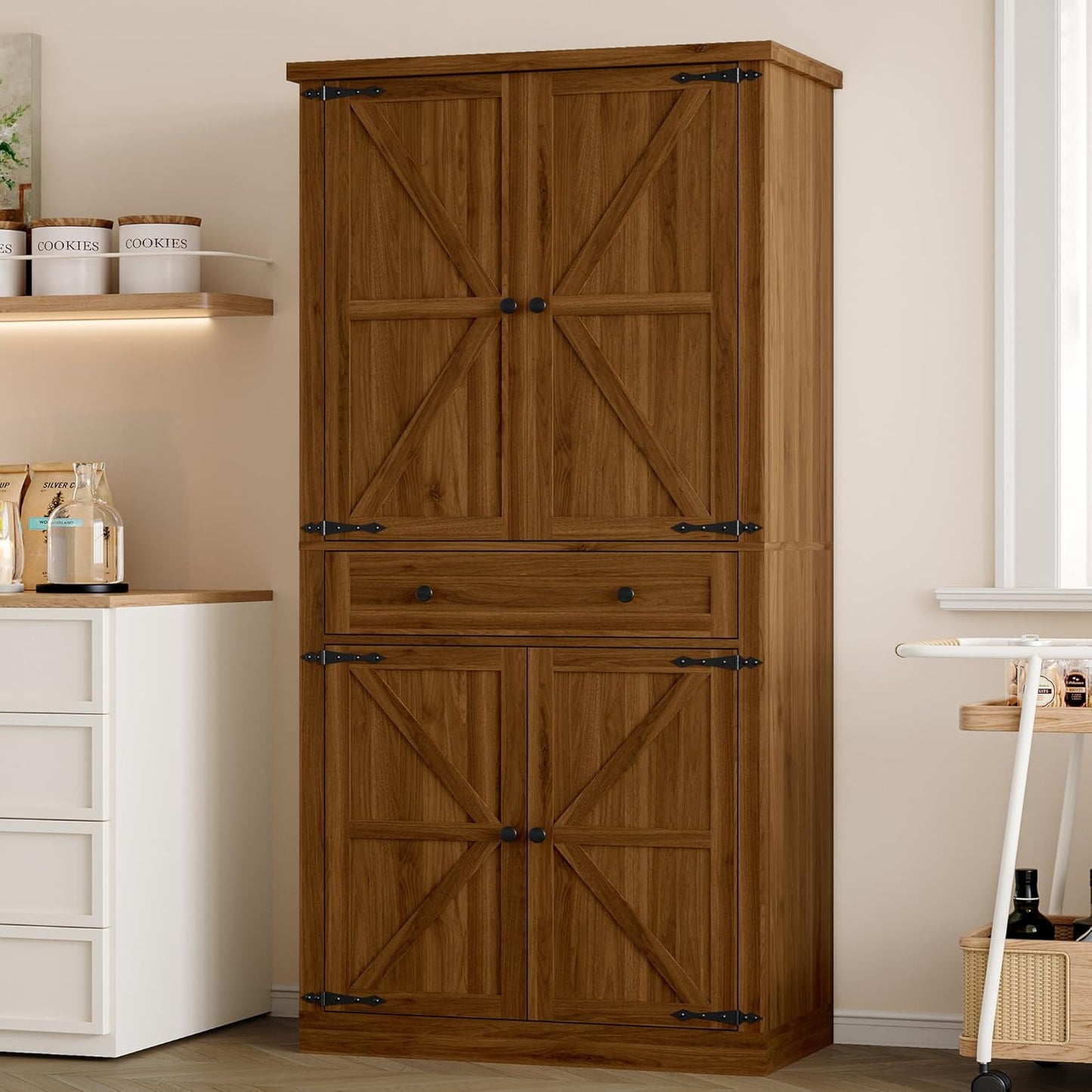Pantry Organizers and Storage Cabinet, 70” Barn Door White Kitchen Cabinet with Drawers and