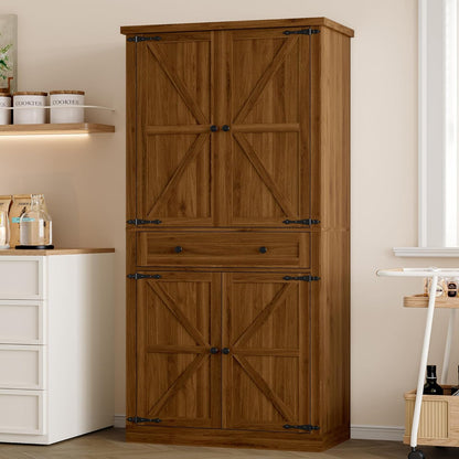 Pantry Organizers and Storage Cabinet, 70” Barn Door White Kitchen Cabinet with Drawers and