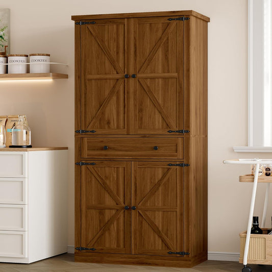 Pantry Organizers and Storage Cabinet, 70” Barn Door White Kitchen Cabinet with Drawers and