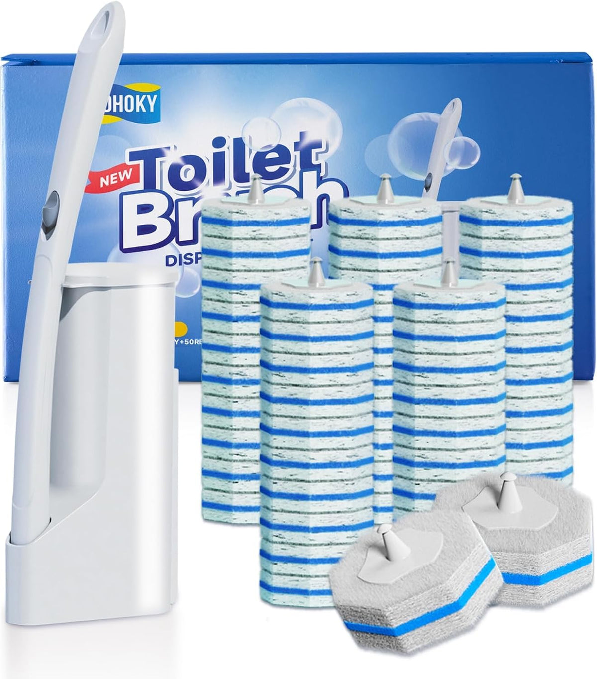 Disposable Toilet Cleaning Wand Set with 50 Refill Pads, Wall-Mounted Holder, Long Handle Toilet