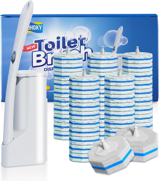 Disposable Toilet Cleaning Wand Set with 50 Refill Pads, Wall-Mounted Holder, Long Handle Toilet