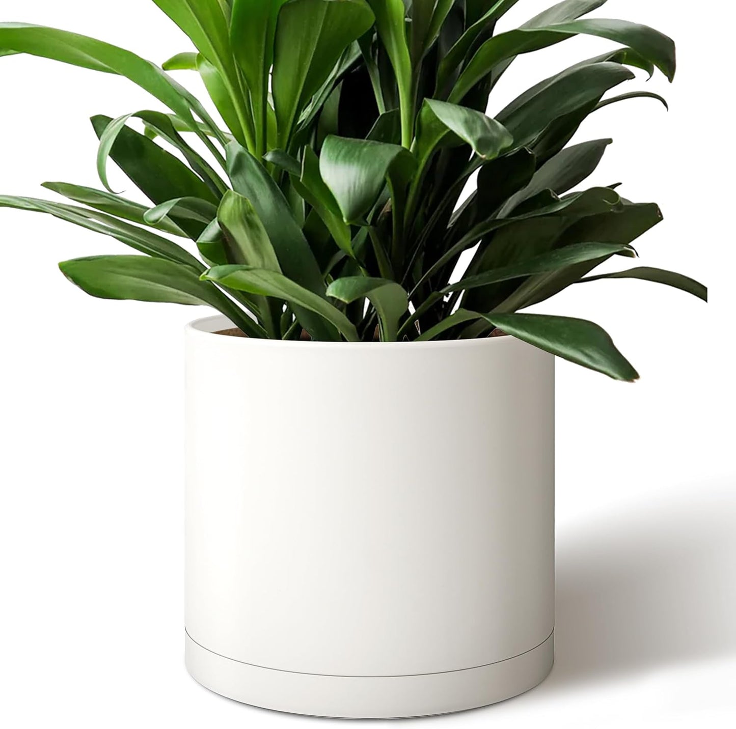 Modern 12 Inch Plant Pot with Drainage Hole & Saucer – Indoor Outdoor White Planter, Lightweight