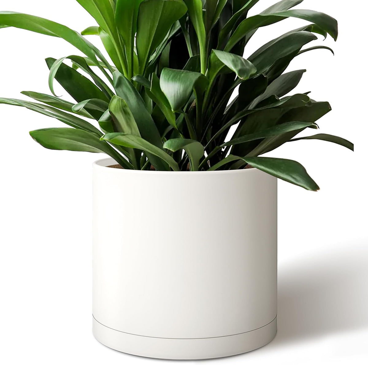 Modern 12 Inch Plant Pot with Drainage Hole & Saucer – Indoor Outdoor White Planter, Lightweight
