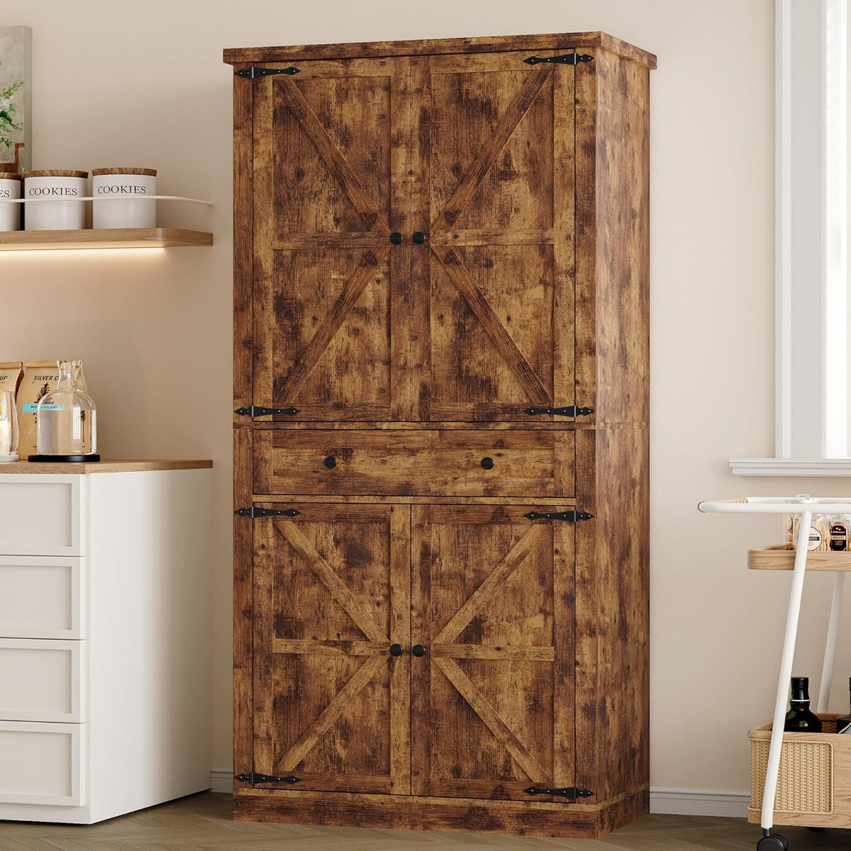 Pantry Organizers and Storage Cabinet, 70” Barn Door White Kitchen Cabinet with Drawers and