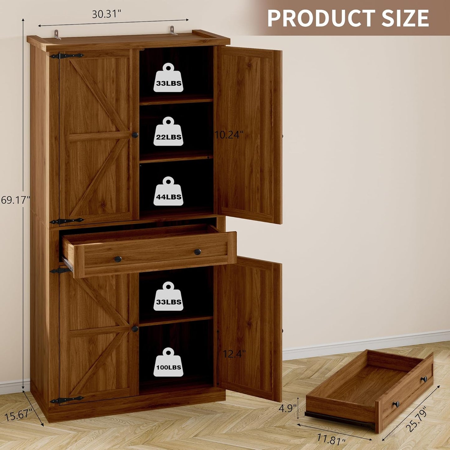 Pantry Organizers and Storage Cabinet, 70” Barn Door White Kitchen Cabinet with Drawers and