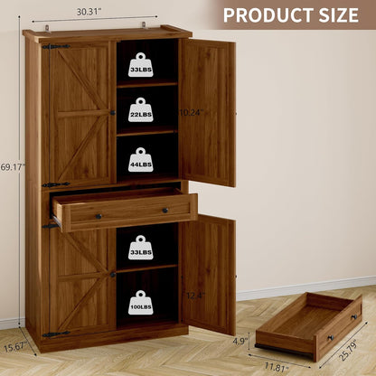 Pantry Organizers and Storage Cabinet, 70” Barn Door White Kitchen Cabinet with Drawers and