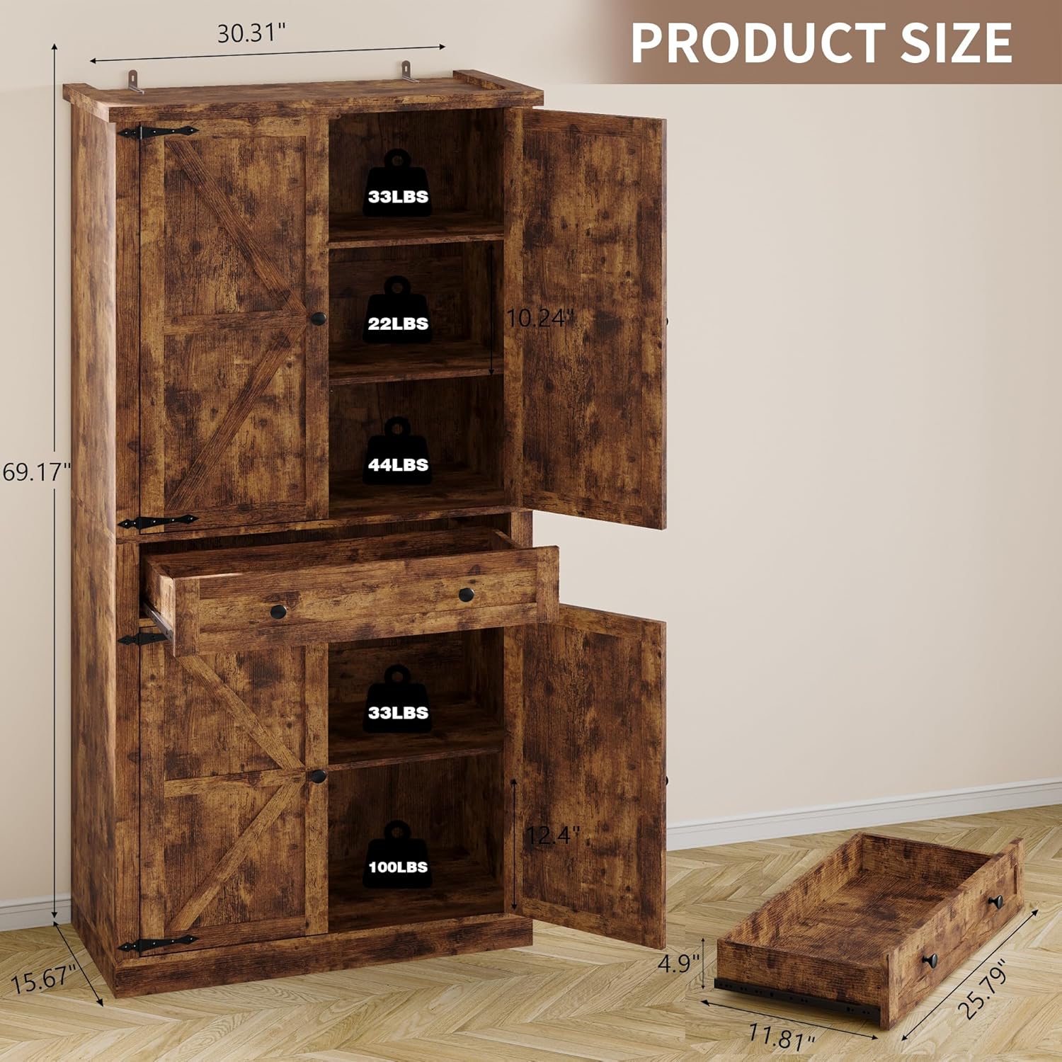 Pantry Organizers and Storage Cabinet, 70” Barn Door White Kitchen Cabinet with Drawers and