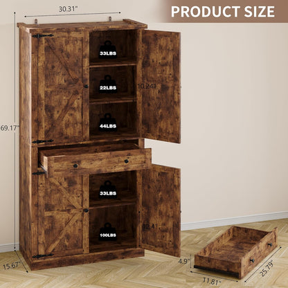 Pantry Organizers and Storage Cabinet, 70” Barn Door White Kitchen Cabinet with Drawers and