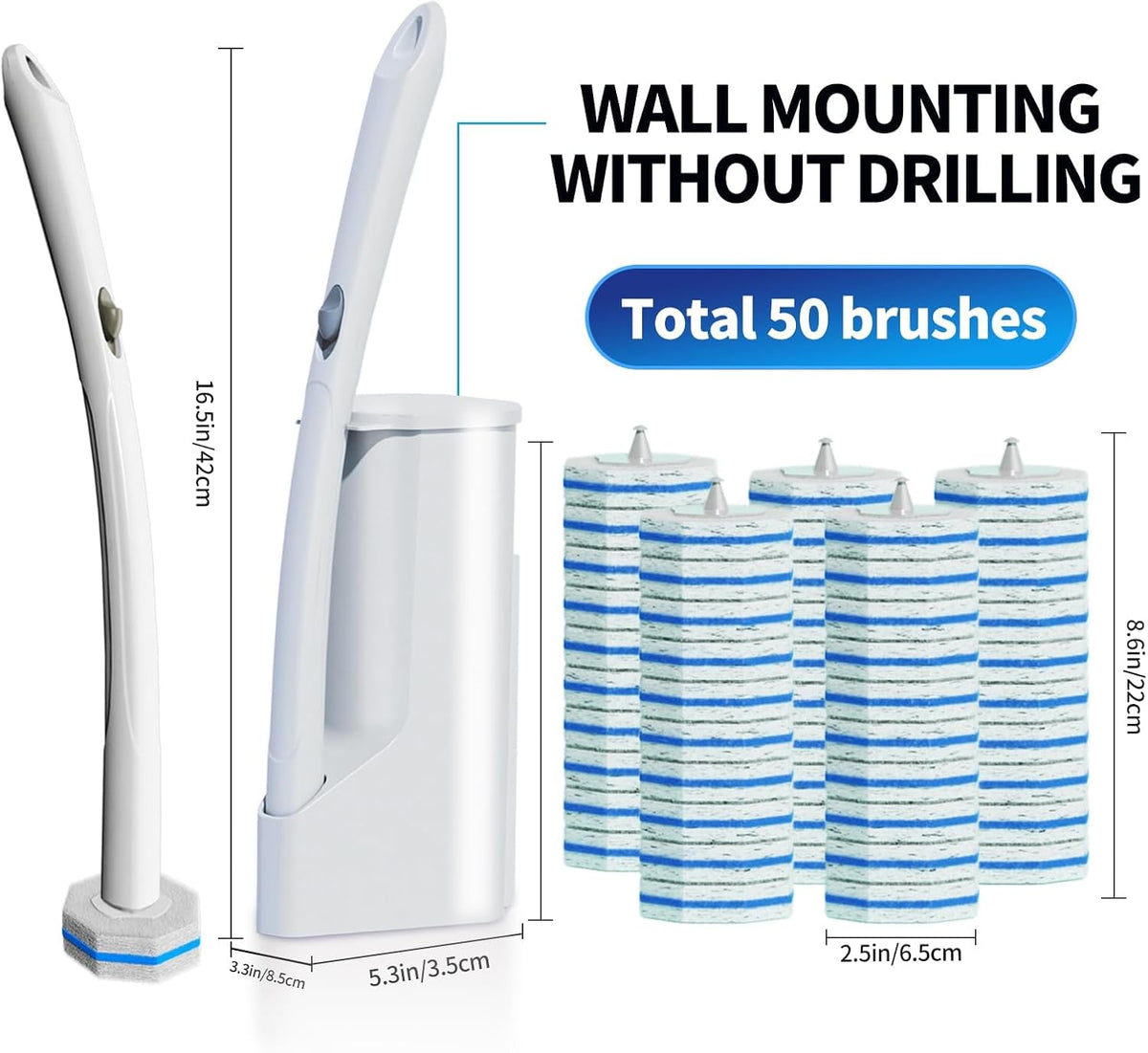 Disposable Toilet Cleaning Wand Set with 50 Refill Pads, Wall-Mounted Holder, Long Handle Toilet
