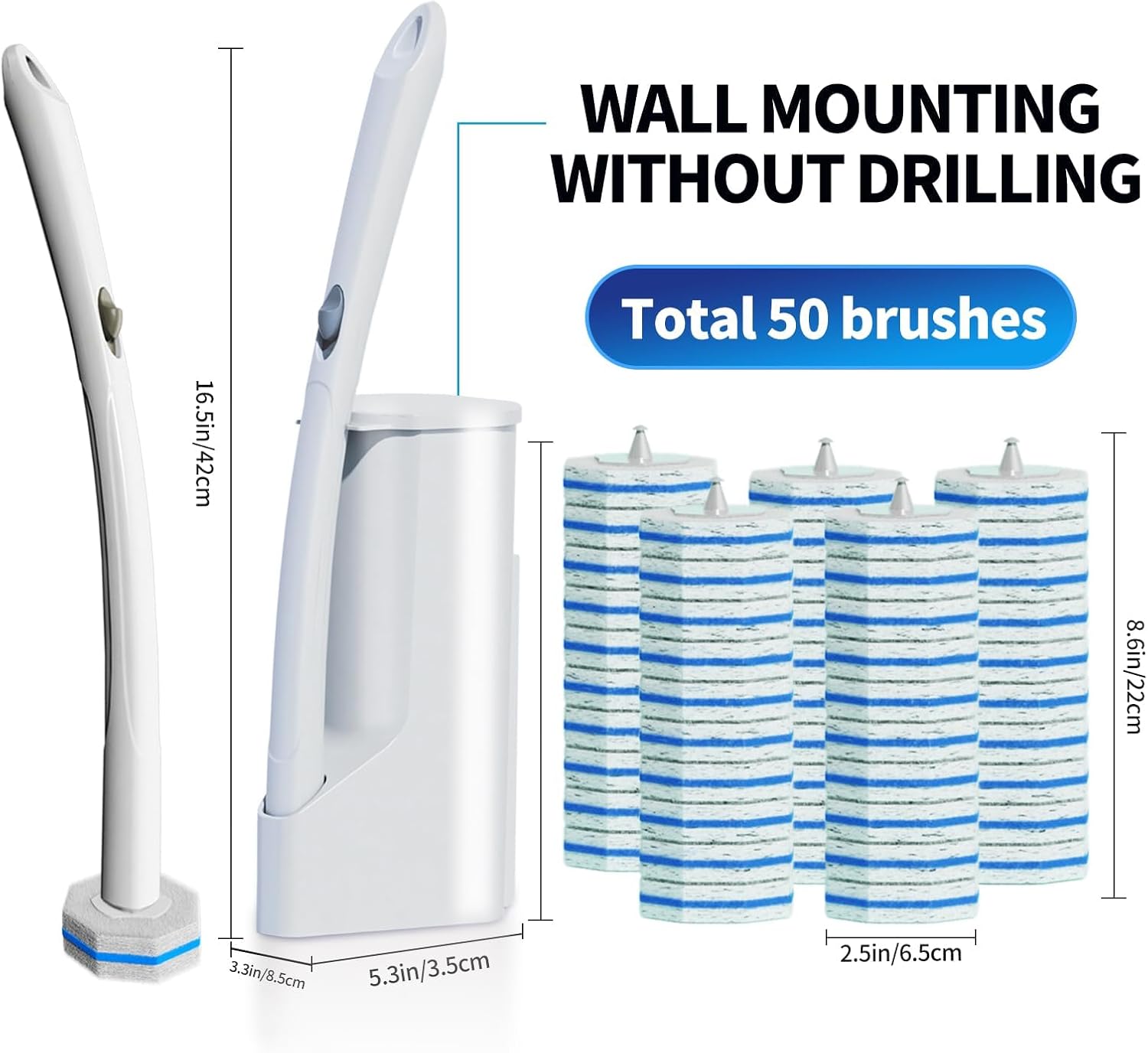Disposable Toilet Cleaning Wand Set with 50 Refill Pads, Wall-Mounted Holder, Long Handle Toilet