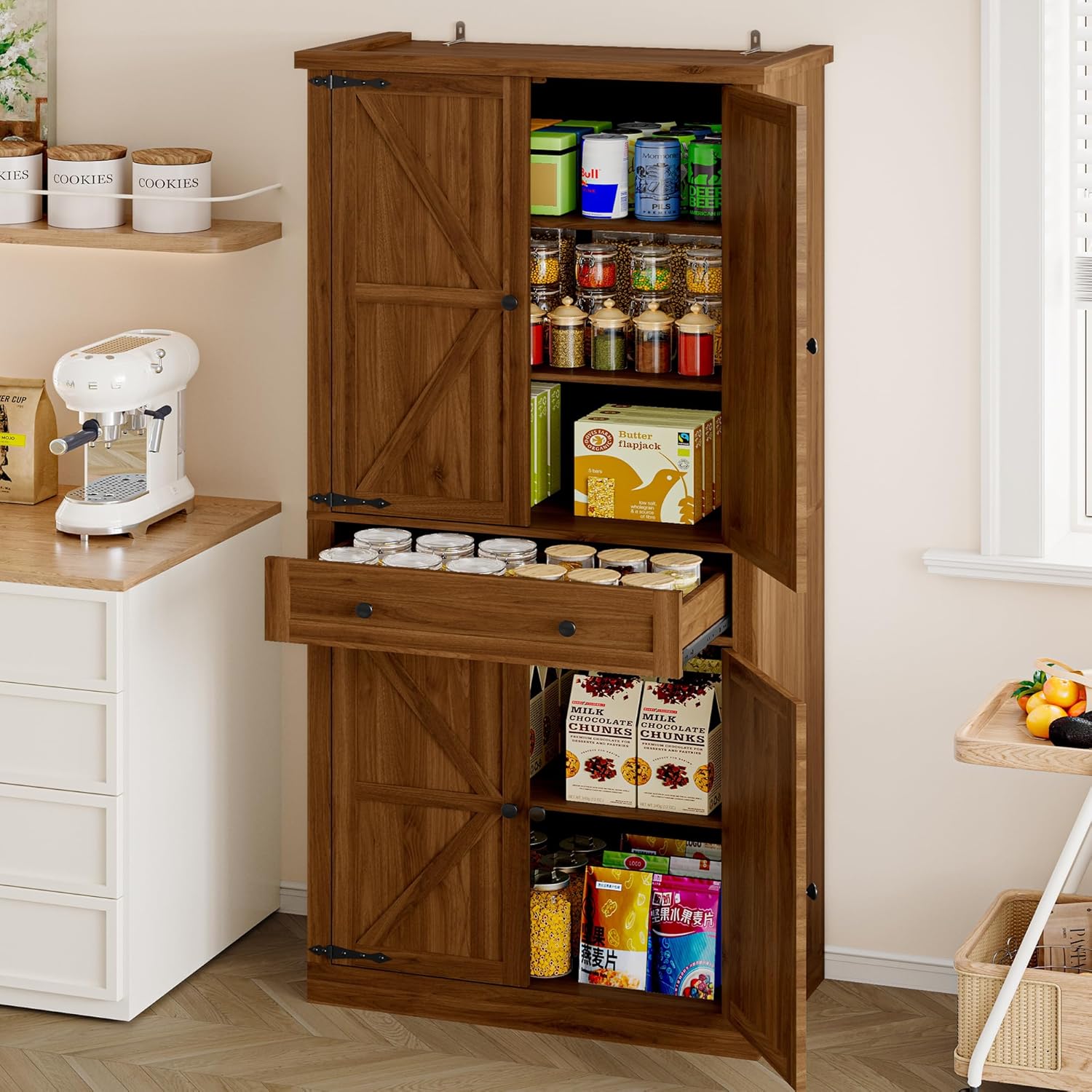Pantry Organizers and Storage Cabinet, 70” Barn Door White Kitchen Cabinet with Drawers and