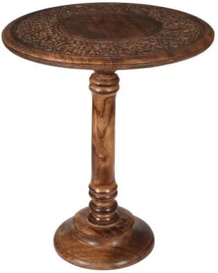Lightnpro Hand Carved Solid Mango Wood Round Pillar Accent Table - 18" × 22" Rustic Farmhouse Side