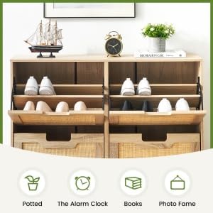 IDEALHOUSE Rattan Shoe Storage Cabinet with 4 Flip Drawers, Freestanding Shoe Organizer with