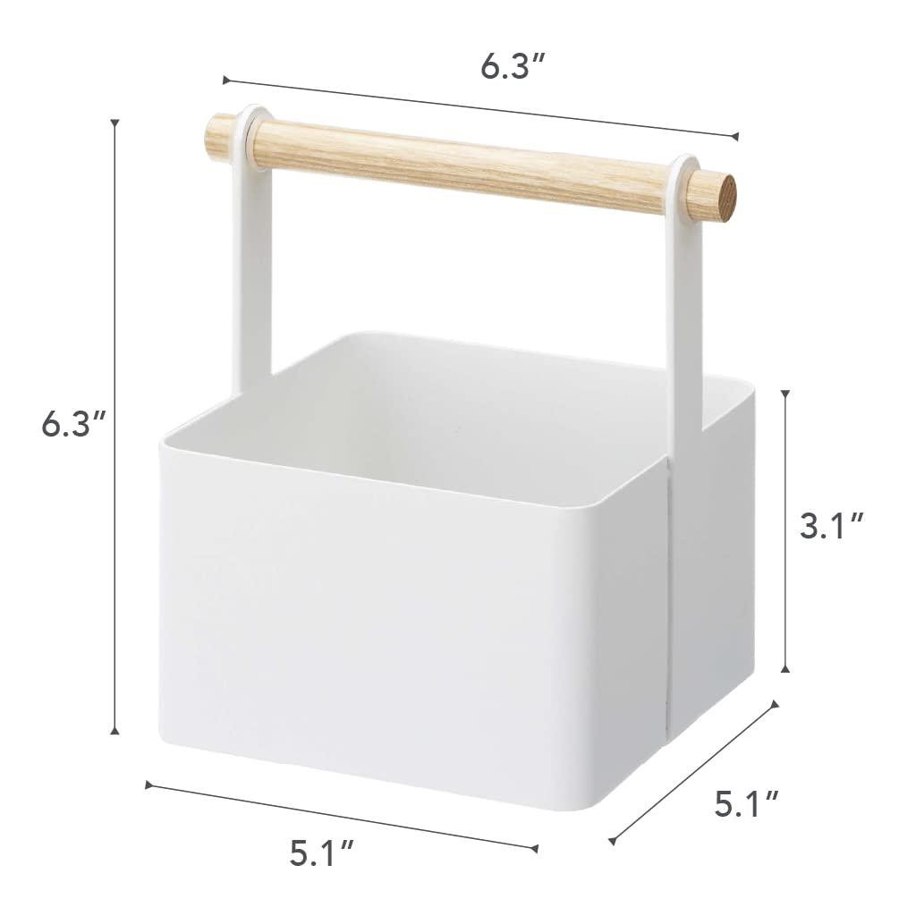 YAMAZAKI Home Tosca Storage Basket - Wood Handle Organizer - Small - Steel + Wood