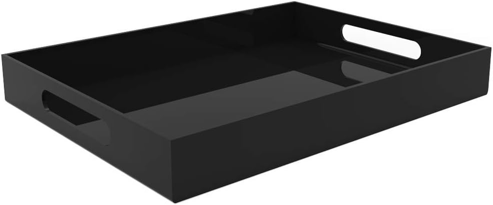 Black Acrylic Serving Tray for Vanity, Bathroom, Outdoor, Food and Décor with Handles (Rectangle