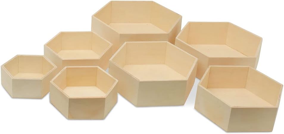 Wooden Hexagon Floating Shelves with Backs, Set of 7, Unfinished for Crafts and DIY Wall Décor: