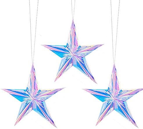 12 Inch Diameter Iridescent Ornament Star Hanging Decorations, Clear Foil Decorative Folding Decor