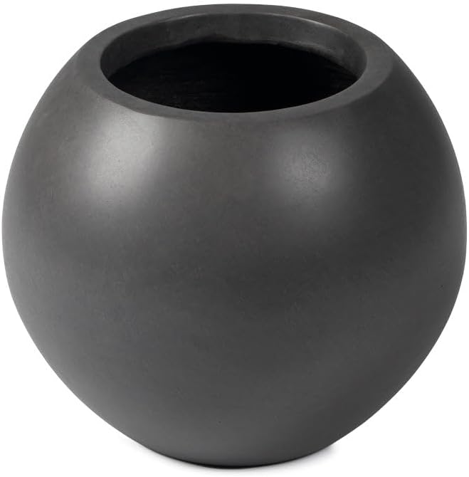 Ash & Ember Onyx 16" D Ceramic Indoor Outdoor Round Sphere Planter, Charcoal, Home Décor Evergreen