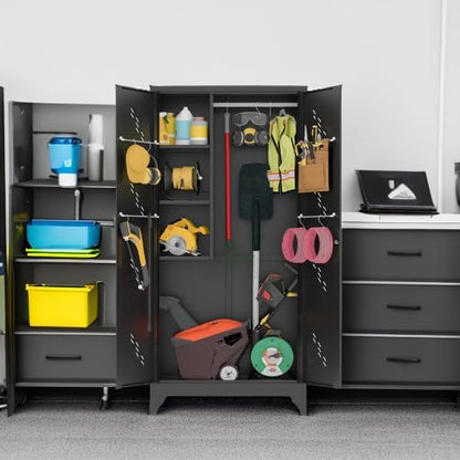 75" Metal Storage Cabinet, Tool Cabinets with Hooks, Garage Storage Cabinet with Lock, Heavy-Duty