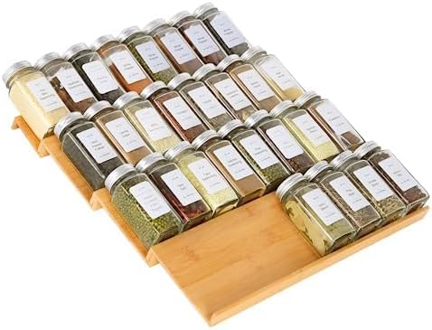 Spice Drawer Organzier,4 Tiers Bamboo Spice Rack Tray Insert for Cabinet Drawer Countertop, Kitchen