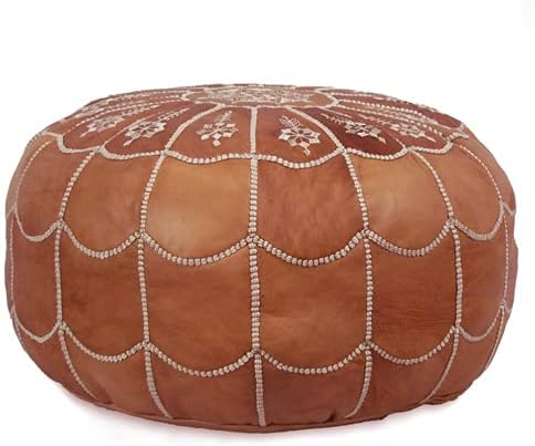 Stuffed Arch Design Moroccan Leather Pouf Ottoman, Handmade, Pre-Filled, 100% Genuine Leather, 14”