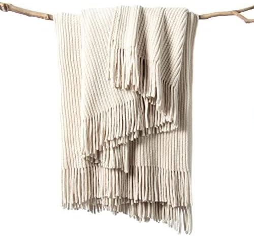 lifein Throw Blanket for Couch, Soft Boho Decor Bed Throw,Cozy White Chenille Knitted Small