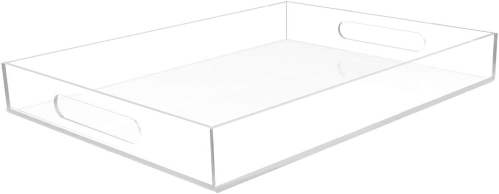 Clear Acrylic Serving Tray for Vanity, Bathroom, Outdoor, Food and Décor with Handles (Rectangle