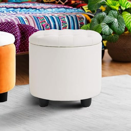 Furniliving Upholstered Button Tufted Round Ottoman, PU Storage Ottoman Round, Removable Lid
