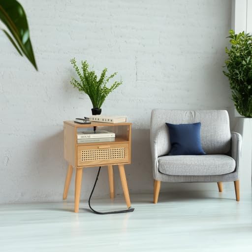 MaxSmeo Mid Century Modern Nightstand with Charging Station, Bedside Tables with Rattan Drawer